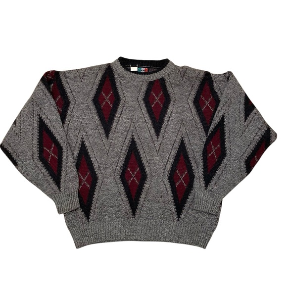 Vintage Other - Vintage Argyle Grandpa Sweater Gray Red Fall Winter Preppy Classic Men’s Large